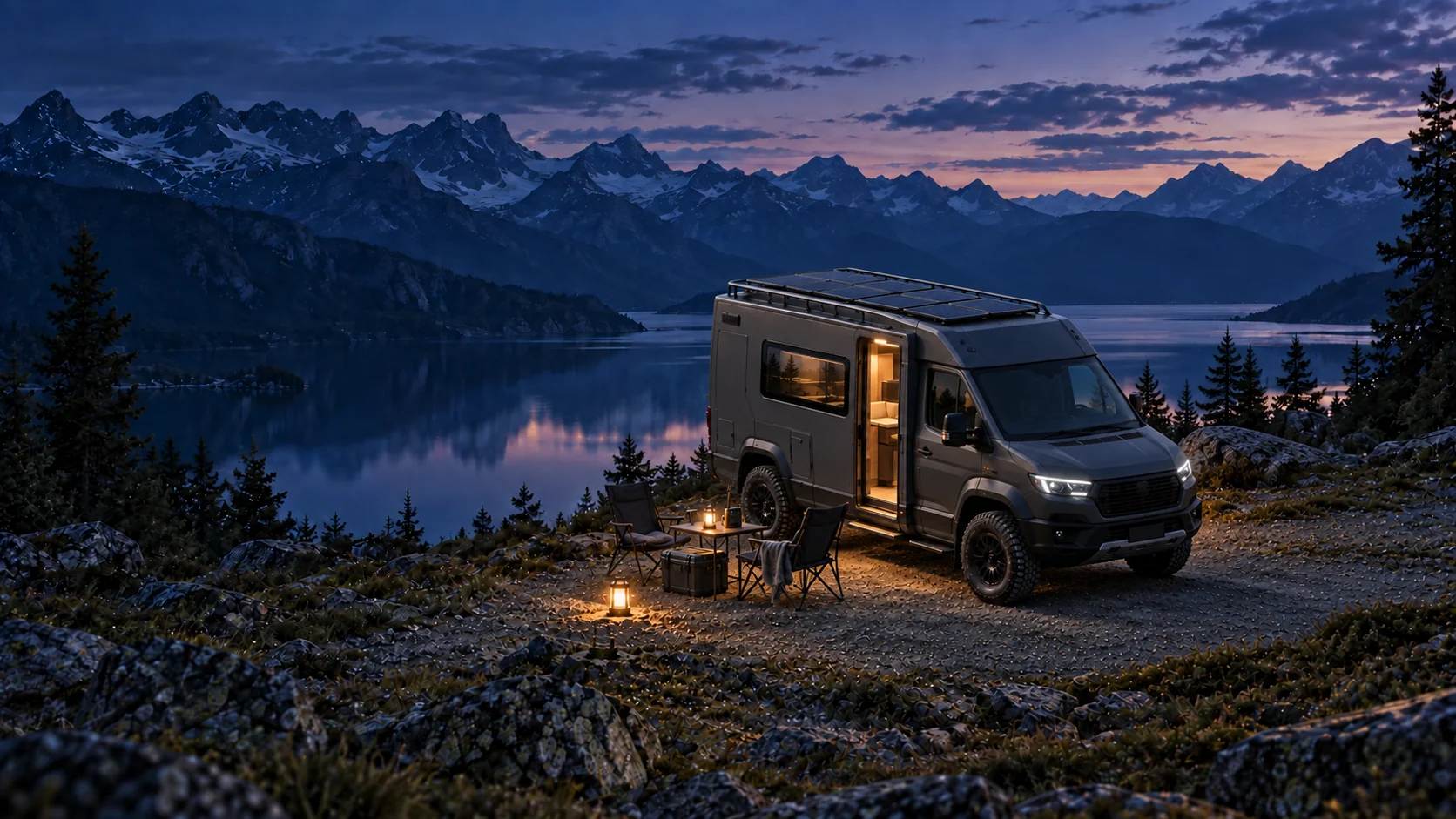 AI concept scene of auxiliary power for campsite lighting and outdoor equipment