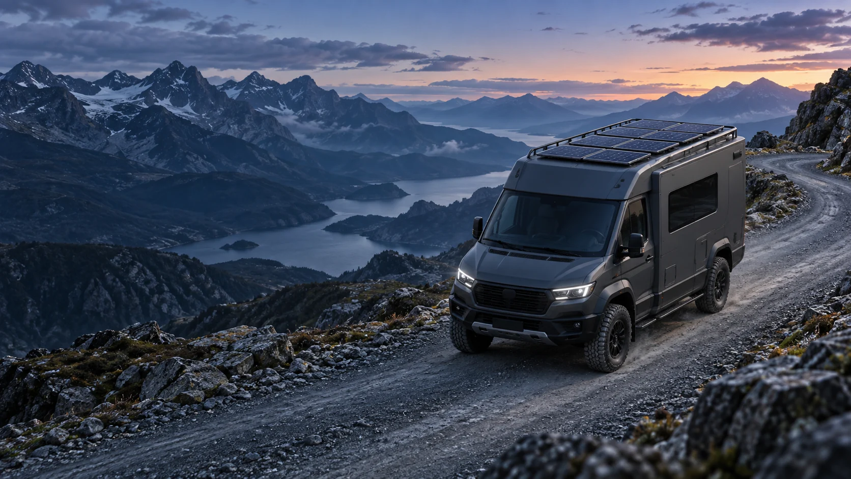 AI concept scene of an RV with roof-mounted PV on a mountain road