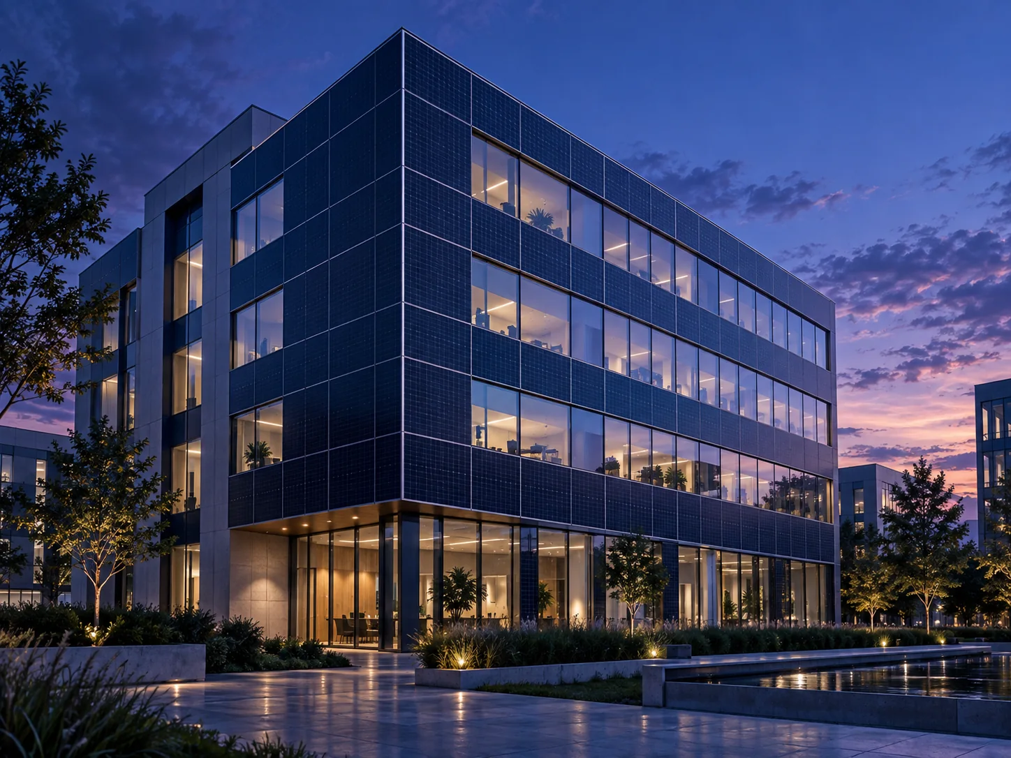 AI concept image of photovoltaics integrated with a modern building facade