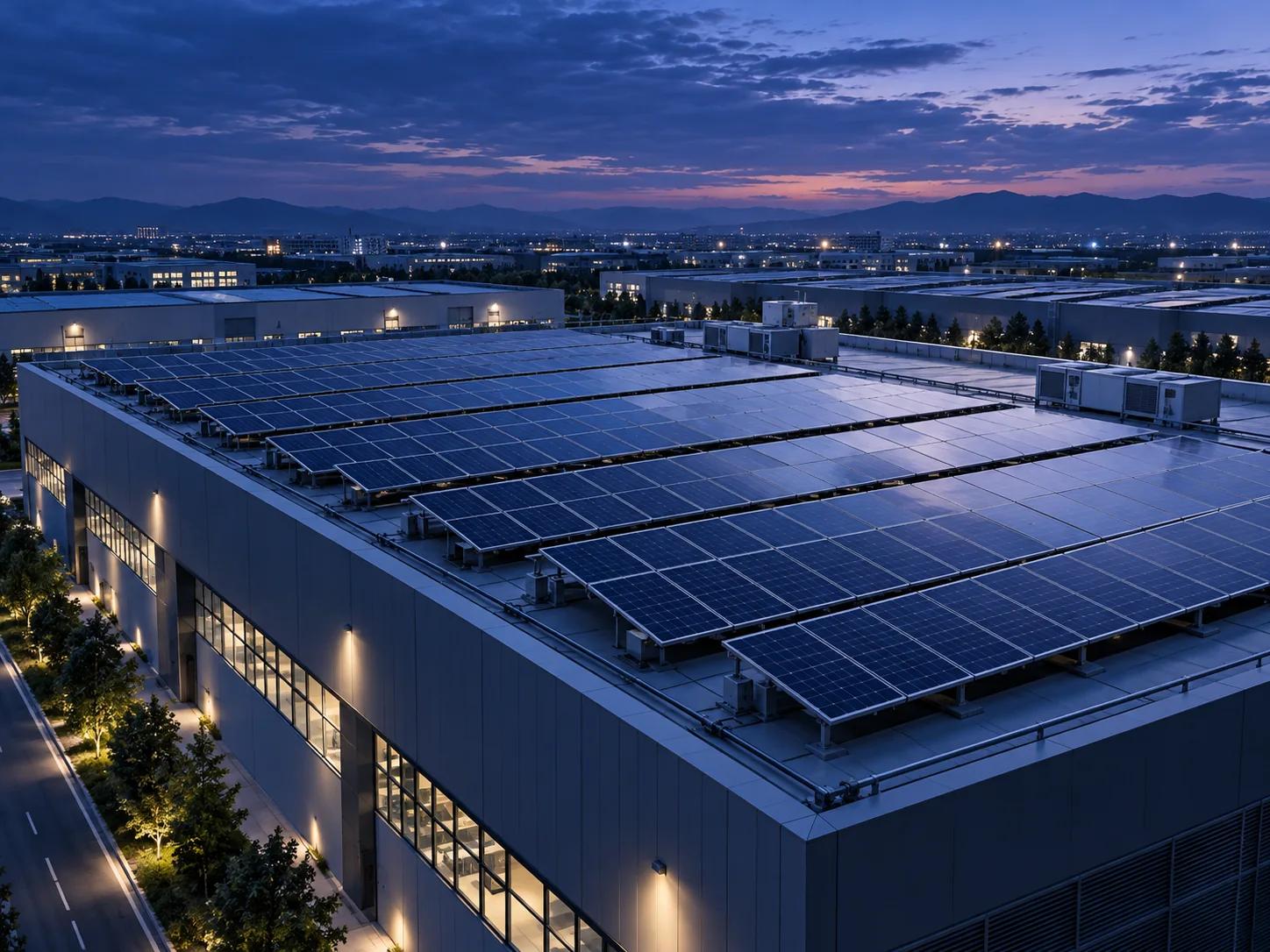 AI concept image of a commercial and industrial rooftop solar array