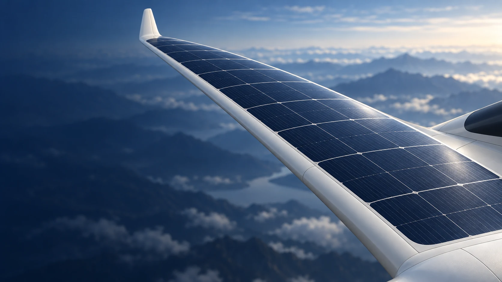 AI-generated concept close-up of PV integrated into a fixed-wing UAV wing, not an actual product image